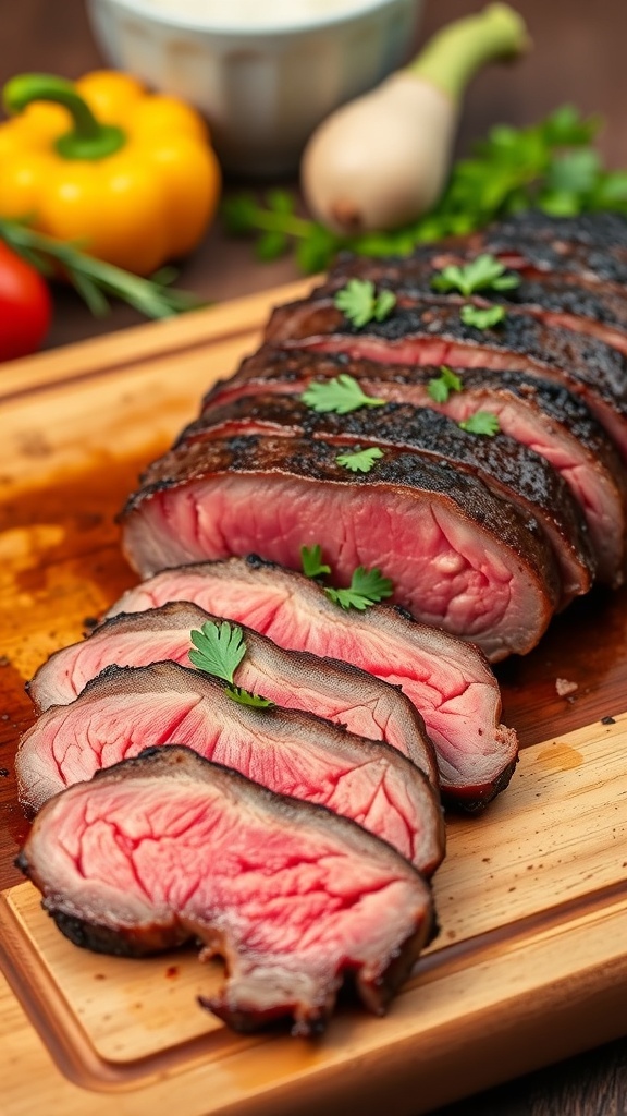 Sliced marinated flank steak garnished with parsley on a wooden board, with vegetables in the background.